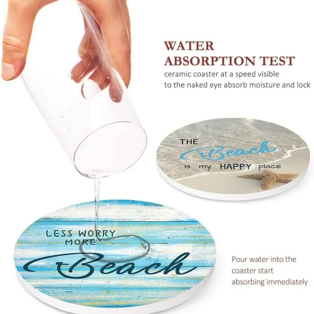 Coaster for Drinks Set of 6, Beach Shell Antique Teal Blue Table Absorbent Round